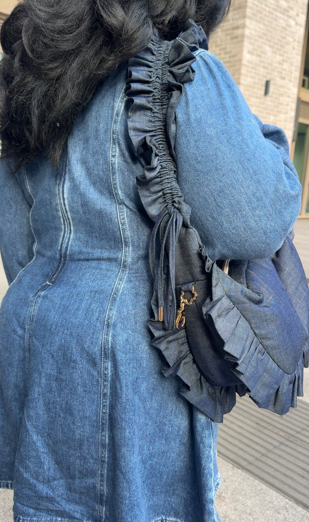 Lightweight Blue Denim Mimi Ruffle Crescent Bag