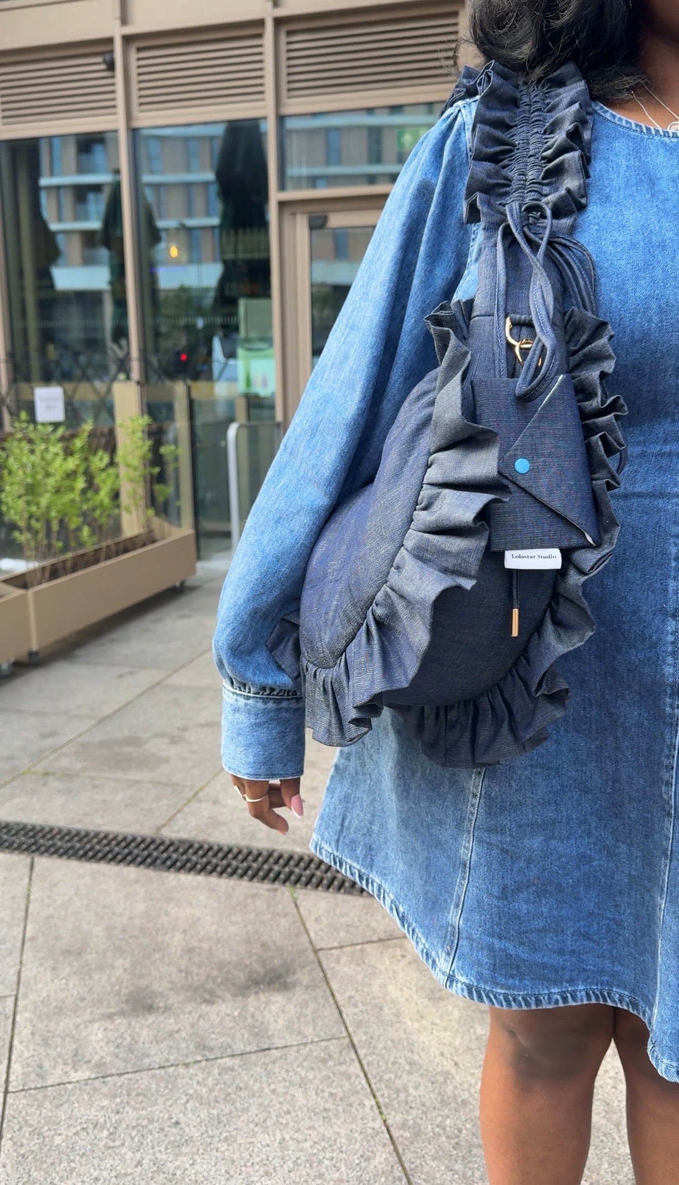 Lightweight Blue Denim Mimi Ruffle Crescent Bag