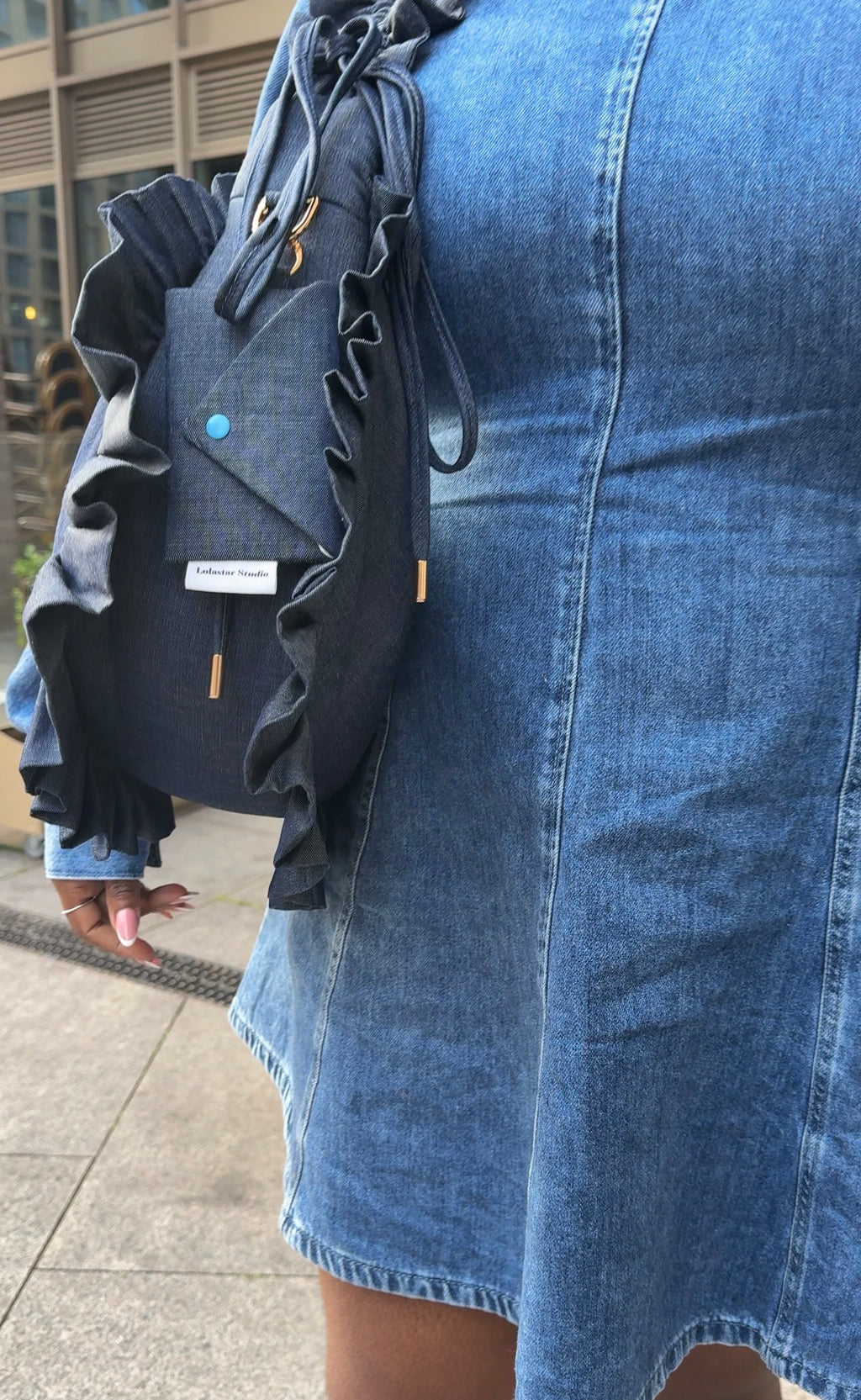 Lightweight Blue Denim Mimi Ruffle Crescent Bag